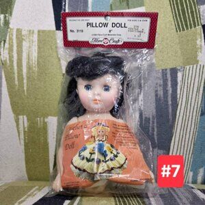 Vtg Fibre Craft Doll Pillow Doll 8" Tall Black Hair Blue Eyes